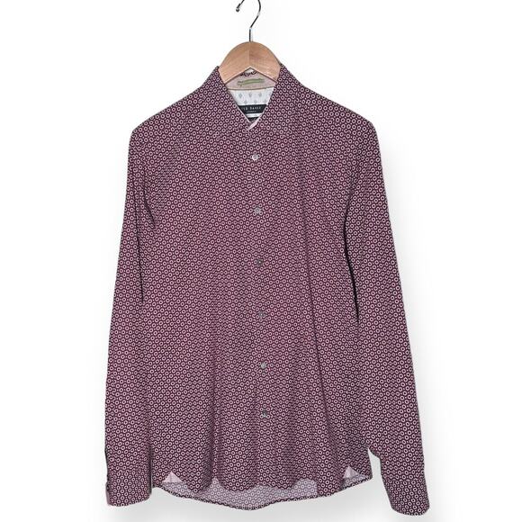 TED BAKER Modern Fit Button Up Shirt Wrinkle Resistant Work Night Out Red 15.5 - Picture 2 of 10